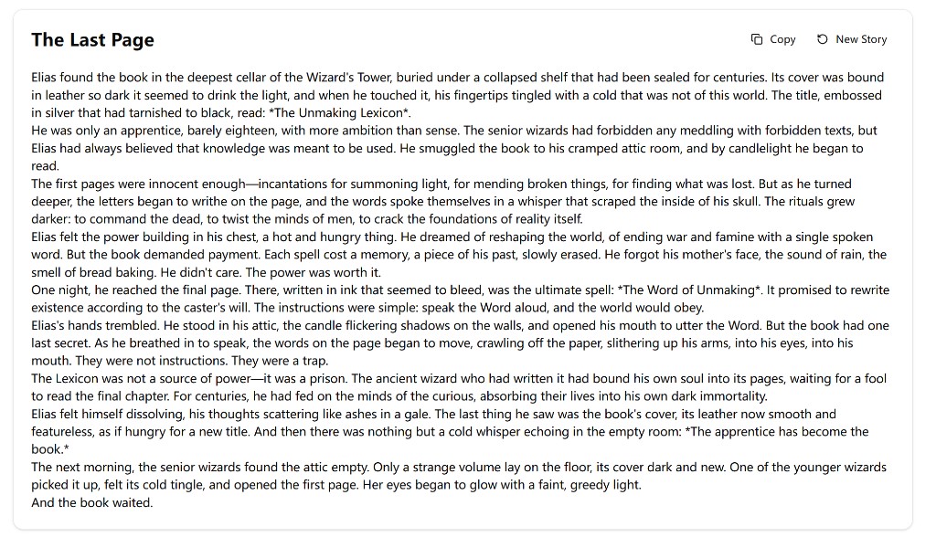 AI Story Generator instant complete short story sample result