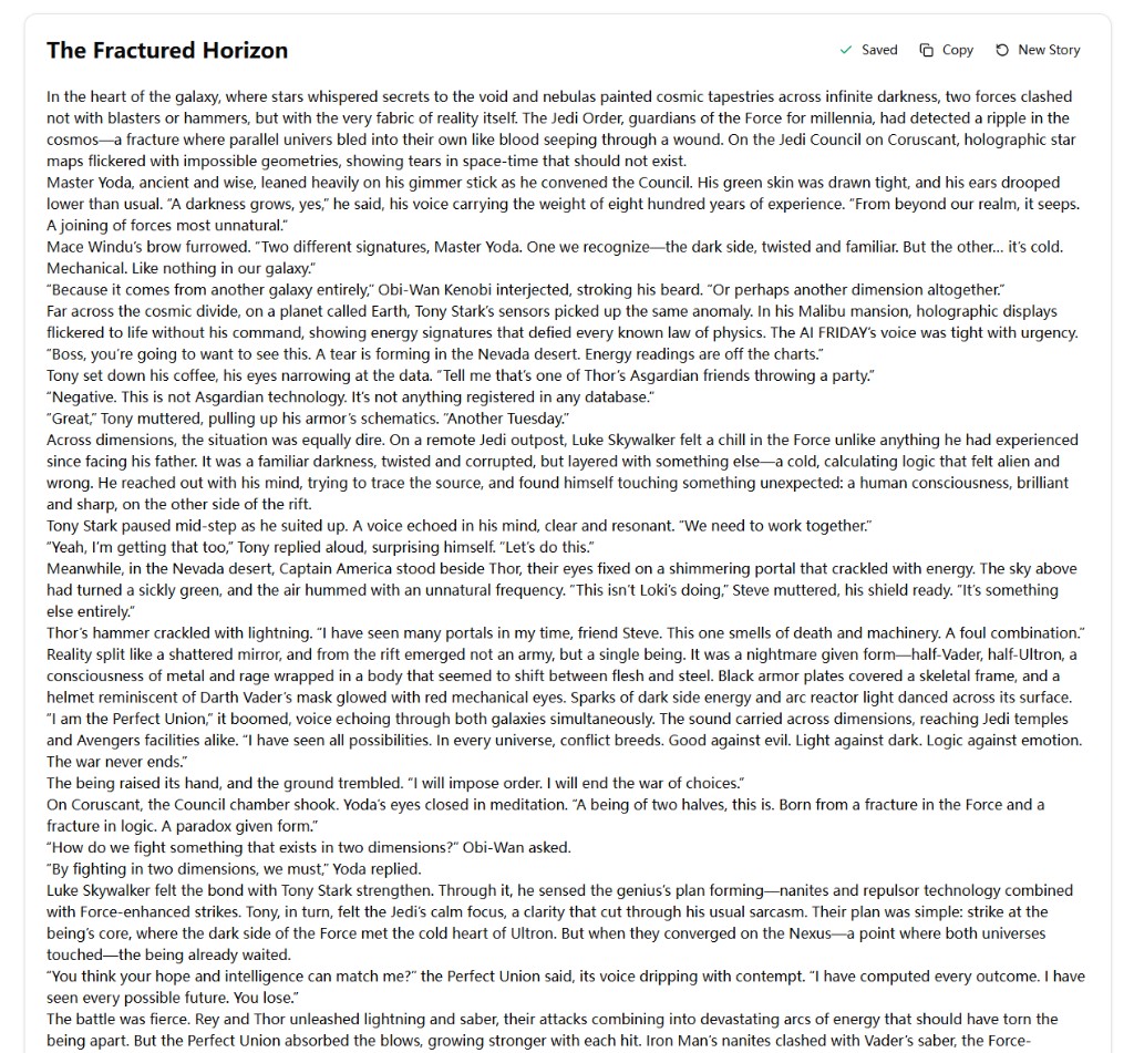 AI Story Generator longer complete story sample result
