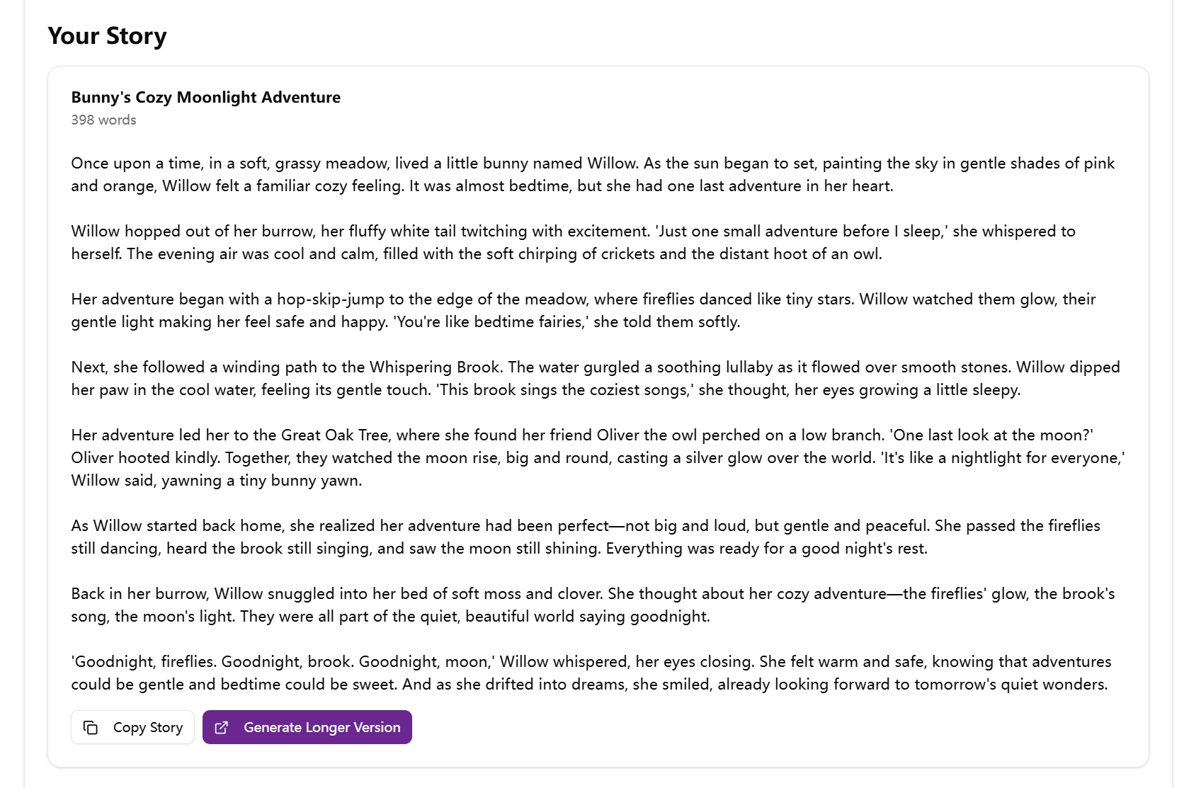 Bedtime Story Generator demo output