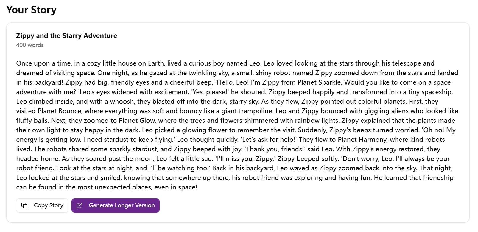 Children's Story Generator demo output