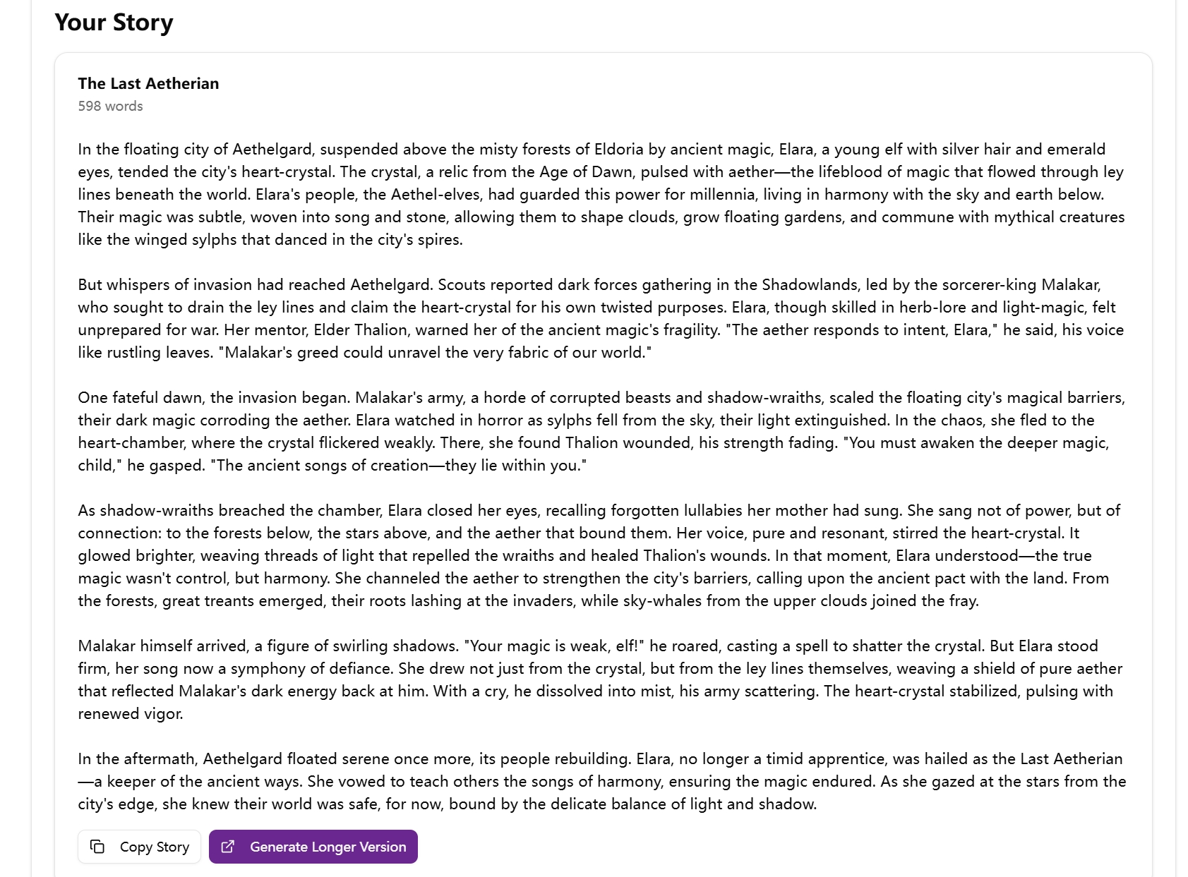Fantasy Story Generator demo output