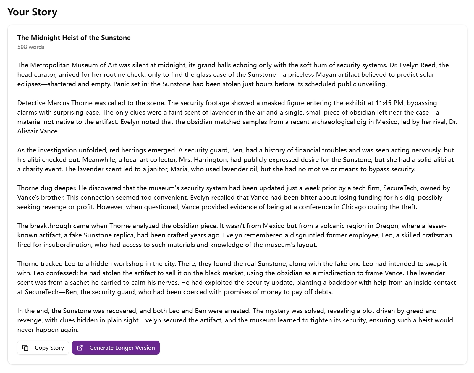 Mystery Story Generator demo output