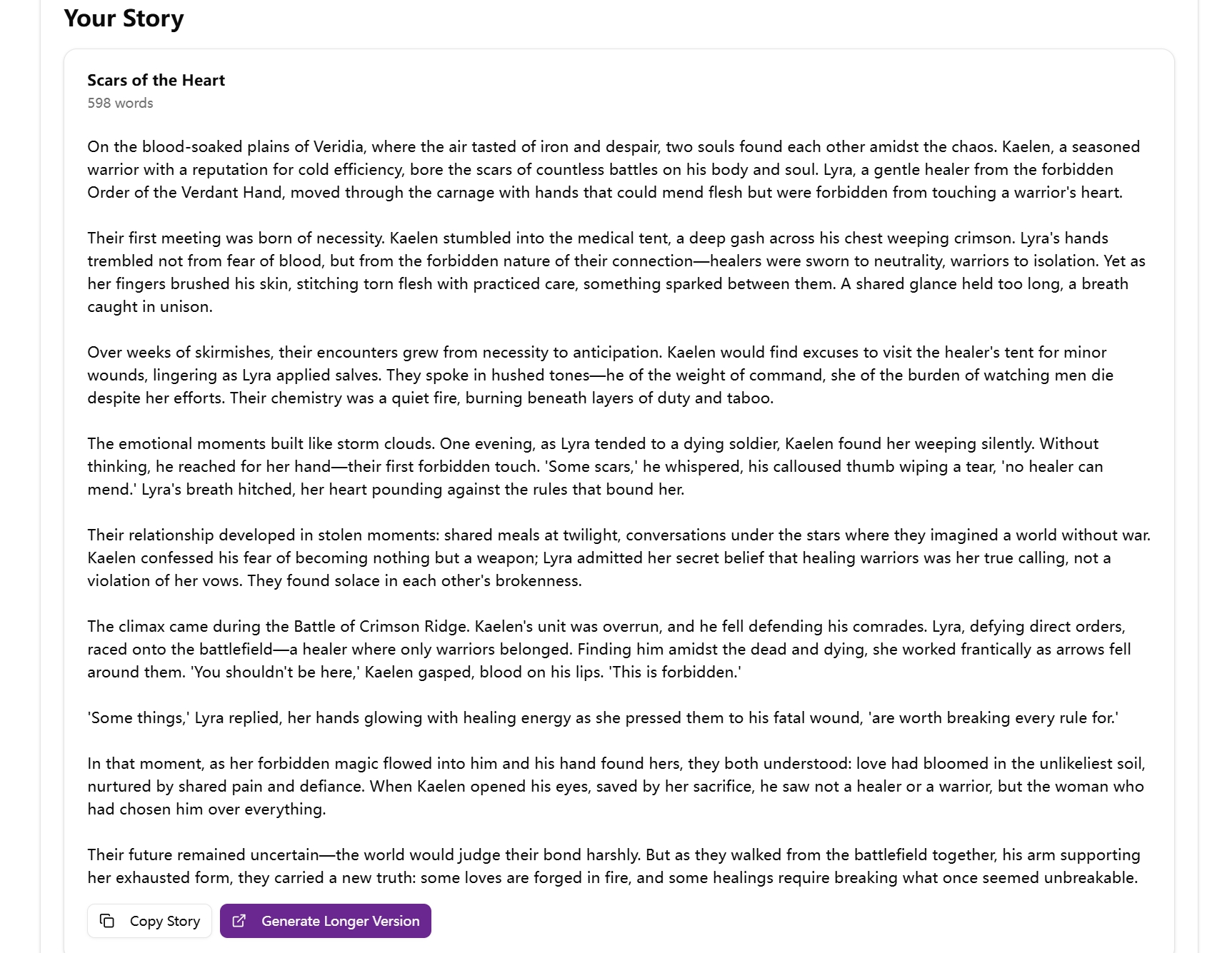 Romance Story Generator demo output