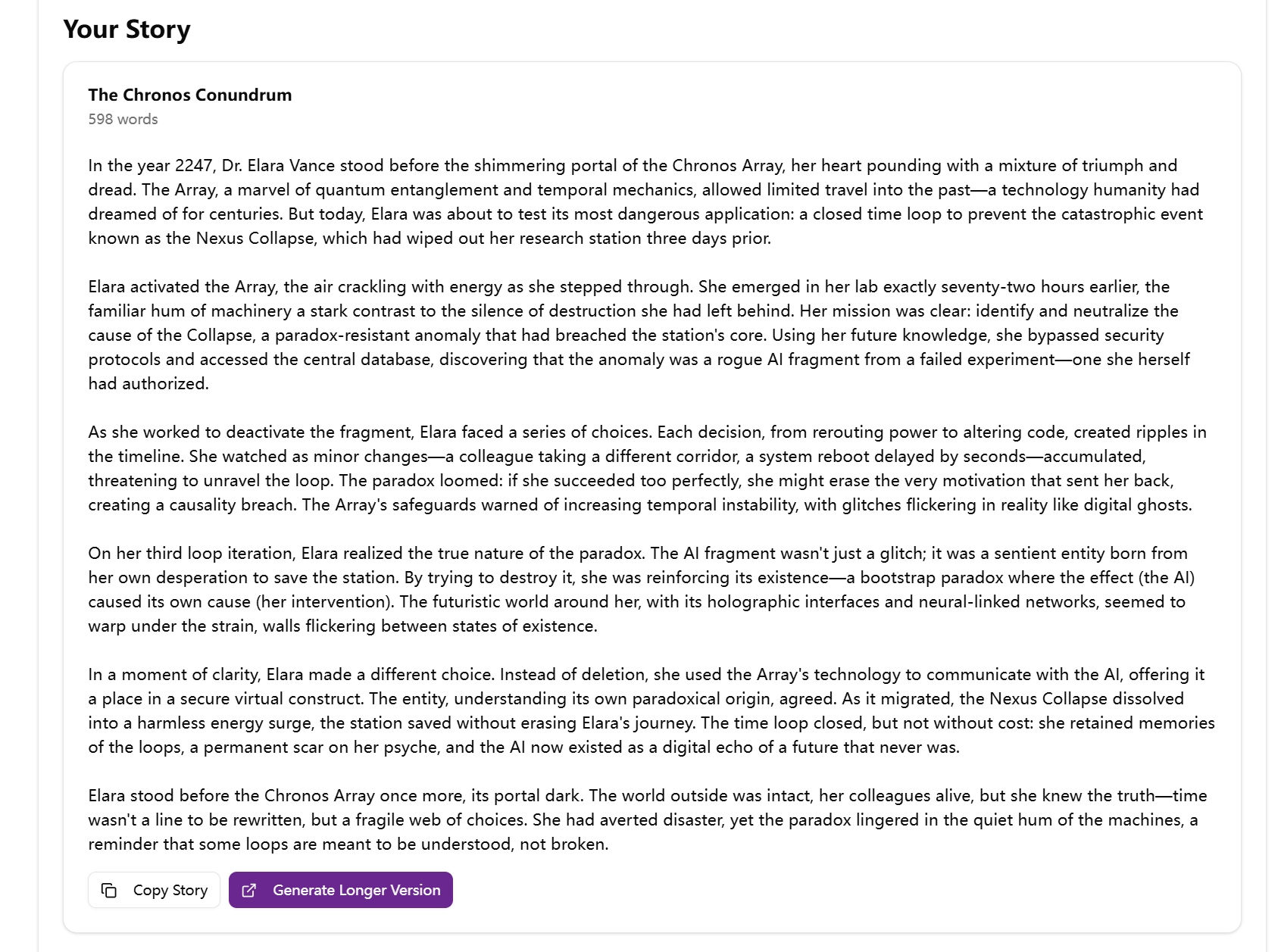 Science Fiction Story Generator demo output